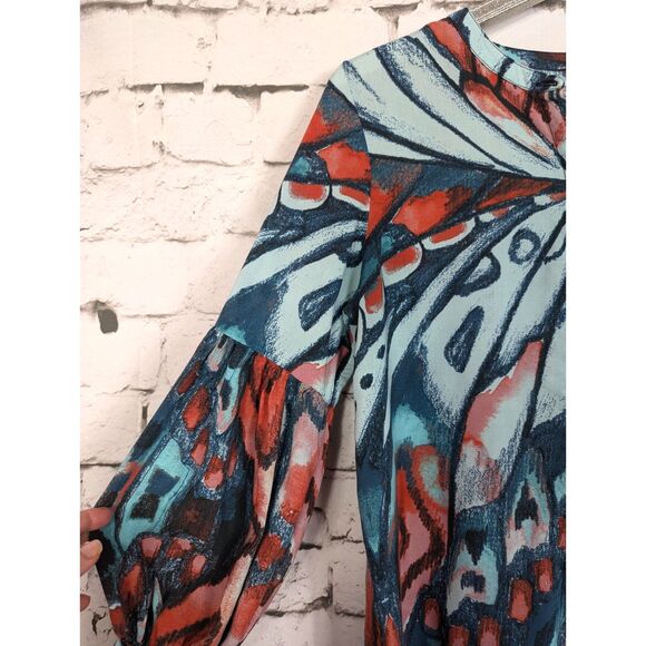 CHICO'S Cuff Sleeve Butterfly Top Colorful Artsy Casual Career Size 1 (8/10) - Picture 4 of 11